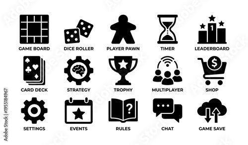 Board game icons: game board, dice roller, player pawn, timer, trophy, multiplayer