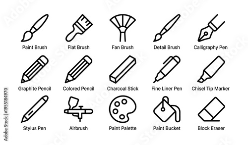 Art tools icons: paint brushes, pencils, pens, and palette