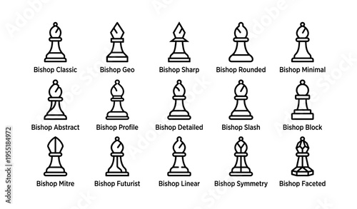 Various bishop chess piece designs: classic, geo, sharp, rounded, minimal, abstract, detailed