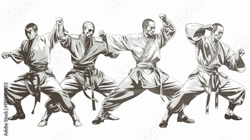 Drawing of four bald men in gis, in defensive postures, rendered in halftone style