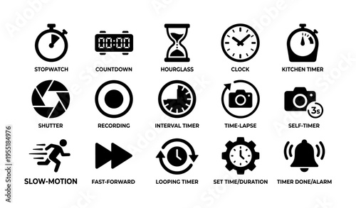 Icons of timers and clocks: stopwatch, countdown, hourglass, clock, camera timers