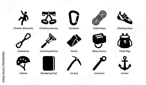 Climbing gear icons silhouette set: essential equipment for mountaineering and rock climbing