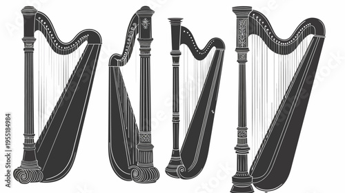 Four ornate dark gray harps with unique designs, upright and set against a white background