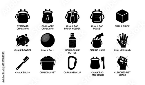 Chalk bag types and accessories icons for climbing enthusiasts