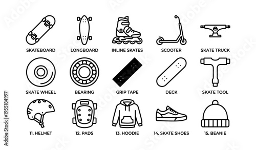 Essential skateboarding and skating gear icons featuring boards and accessories