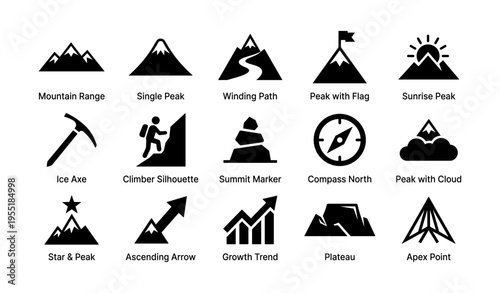 Mountain icons set: peaks, paths, climbers, and compass symbols