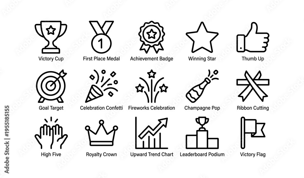 Obraz premium Victory icons: trophy, medal, star, thumb up, celebration symbols