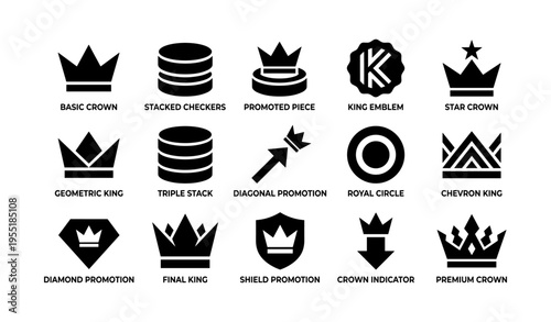 Vector icons of king crowns and checkers symbols