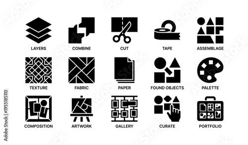 Collection of art and design icons featuring tools and creative processes