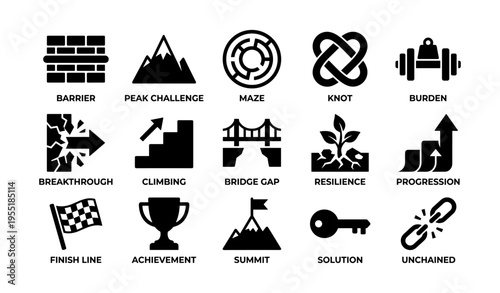 Symbols of challenge and achievement featuring barriers and progression