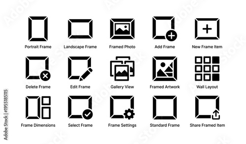 Collection of frame icons for photos and art display with editing features