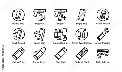 Gun ammo and reloading icons set with pistol and bullet illustrations