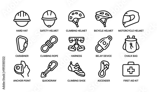Climbing safety gear icons: helmets, ropes, carabiners, first aid kit and more