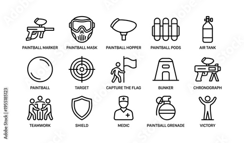 Paintball equipment icons: marker, mask, hopper, pods, air tank, more