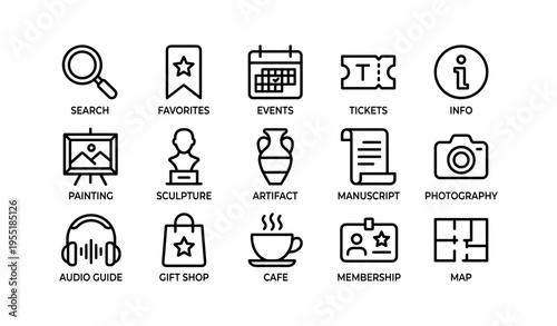 Museum icons: search, events, tickets, audio guide, gift shop, cafe, map, photography, sculpture, artifact
