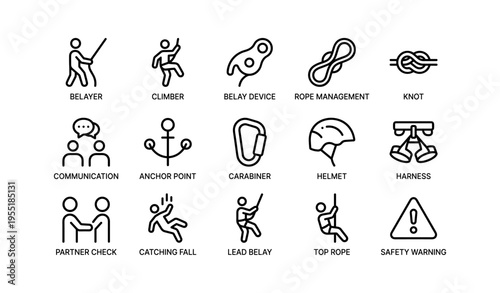 Essential climbing icons: safety gear, techniques, and communication symbols
