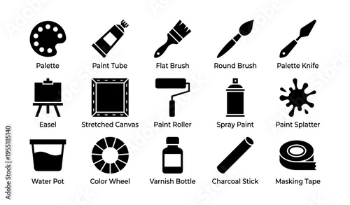 Art tools and supplies: brushes, paint, canvas, easel icons