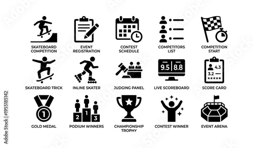 Skateboard competition icons: event, schedule, winners, and prizes