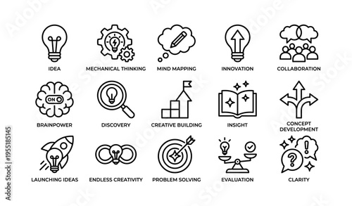 Icons representing innovation brainpower creativity and problem solving