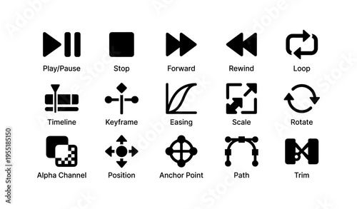 Media control and editing icons: play, stop, loop, keyframe, scale, rotate