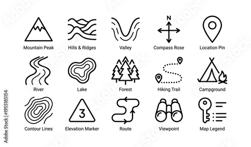 Outdoor map symbols: compass, location, camping, hiking, and natural features icons