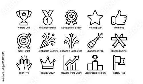 Victory icons: trophy, medal, star, thumb up, celebration symbols
