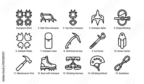 Types of crampons and climbing gear icons set