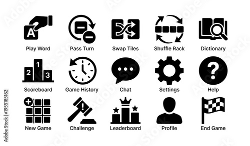 Board game icons set: play word, challenge, scoreboard, leaderboard, profile