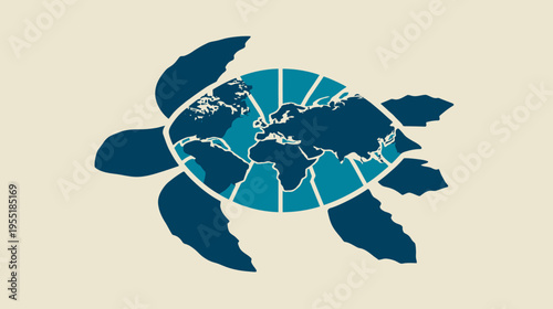 Graphic design of a sea turtle shell featuring a world map inside, on a neutral background