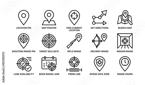 Set of icon designs for location pins, maps, and shooting range elements