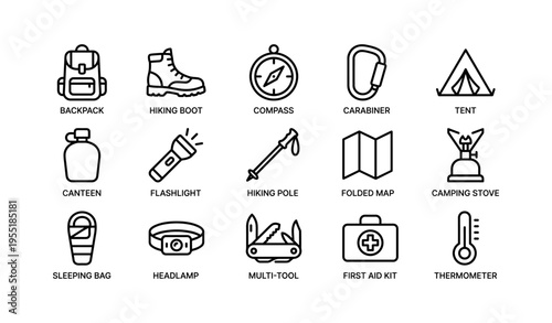 Camping gear icons featuring backpack, hiking boot, compass, and more