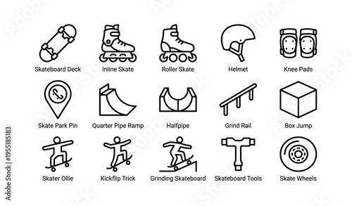 Skateboarding and skating gear icons including deck, inline skates, helmet, knee pads, skate tools