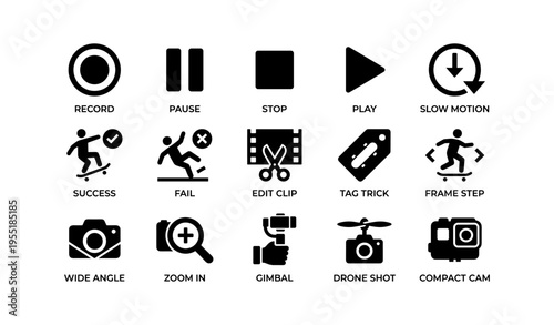 Video editing icons set featuring play, stop, record, gimbal, drone, and camera symbols