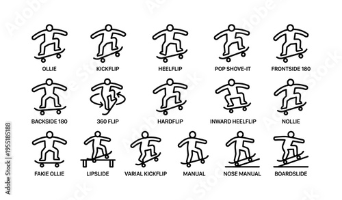 Skateboarding trick icons: ollie, kickflip, heelflip, pop shove-it, frontside 180