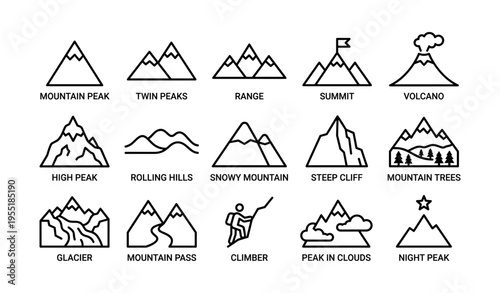 Collection of mountain icons featuring peaks, volcanos, and climbers