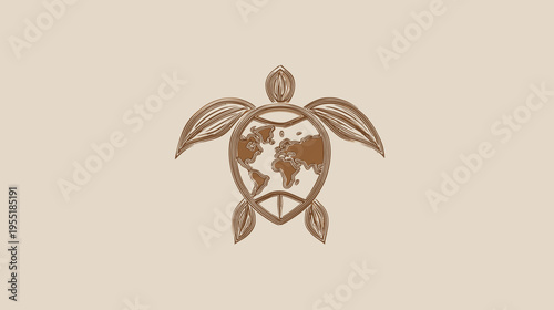 A stylized illustration features a sea turtle silhouette, holding the Earth's continents within