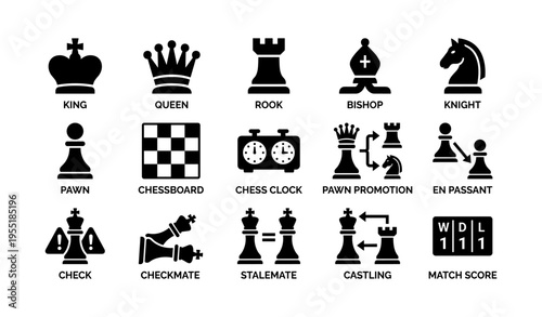 Chess symbols illustration featuring king, queen, rook, bishop, knight, and chessboard elements