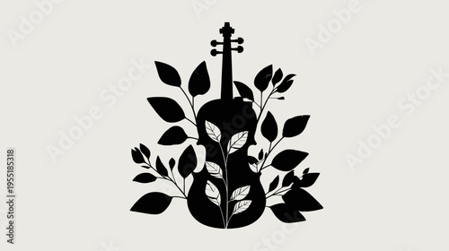 A black violin silhouette is framed by leaves and branches on a neutral cream background