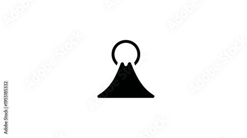 A simple, black graphic features a mountain peak with a sun-like circle above it on a white background