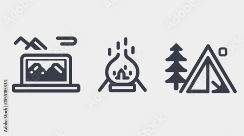 Camping icons depict laptop, mountains; campfire; tent by a tree, outdoor recreation
