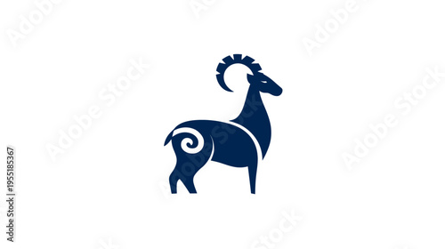 A minimalist silhouette of a ram, rendered in dark blue, with striking curled horns and stylized features