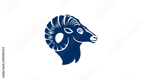A side profile of a ram's head. Blue silhouette against a white background. It includes horn details and a snout