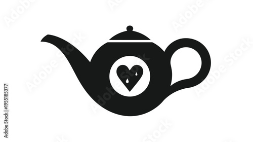 A black teapot silhouette with a heart-shaped design on the front. Features a spout, handle, and a lid