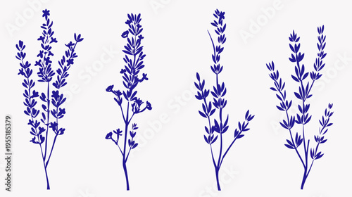 Four plant stems with blue-toned leaves, scattered in a simple, illustrative style