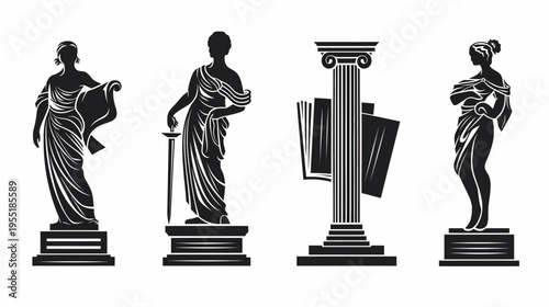 Four black vector silhouettes of female statues and pillar on pedestals, isolated