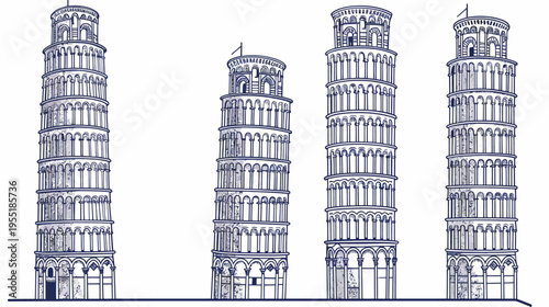 Line drawing of four leaning towers with many levels, rendered in blue, on a white ground