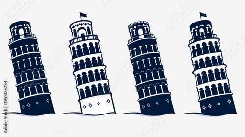 Four stylized leaning towers, alternating between white and dark blue fill