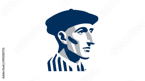 A stylized profile of a man wearing a beret and a striped shirt, in a minimalist design