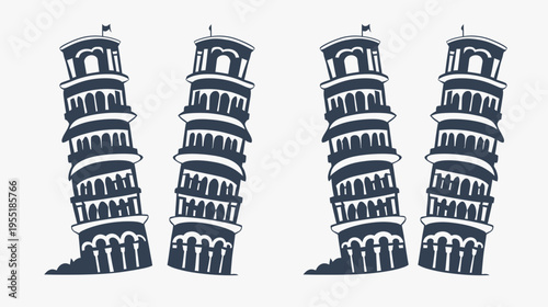 Four leaning tower illustrations, two pairs mirrored, in dark blue on a light gray background
