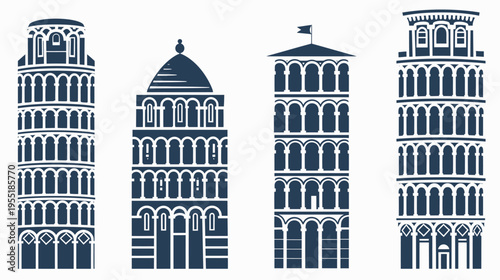 Collection of buildings in blue with arched windows, in a simplified graphic style